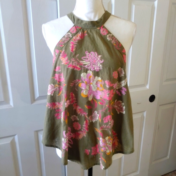 Tops - Free People Soft Army Green Pink Floral Print Top Women's Blouse Size Small NWT